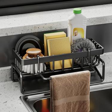 Imagem de Suporte de esponja para pia de cozinha, organizador de pia com suporte de pano, esponjas autodrenantes de bancada - preto