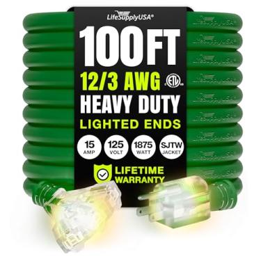 Imagem de LifeSupplyUSA - Cabo de extensão de alimentação de 100 pés para exteriores e interiores, resistente calibre 12/3 pontas SJTW (verde), extremidade iluminada, 3 tomas, extra durabilidade, 15 amperes,