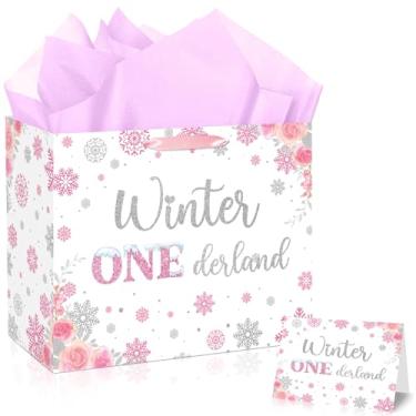 Imagem de JORHANCE Sacos de presente para meninas de primeiro aniversário do país das maravilhas de inverno - Saco de presente grande com papel de seda e cartão de aniversário para decorações de festa do país