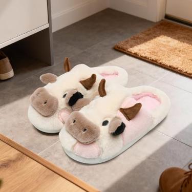 Imagem de Pantufas de vaca para mulheres e homens, fofas, fofas, aconchegantes, com desenho de vaca felpuda, para casa, para uso interno e externo, Branco, rosa, 4-5 Women/2.5-3.5 Men