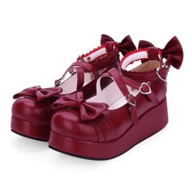 Imagem de BEROBELLO Sapatos plataforma Sweet Lolita Mary Jane com laço, tiras de fivela de coração, Vinho tinto, 37 BR