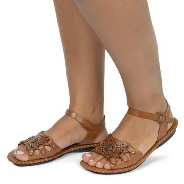 Imagem de Sandália Rasteira em Couro Whisky - Flor D'Couro, 34