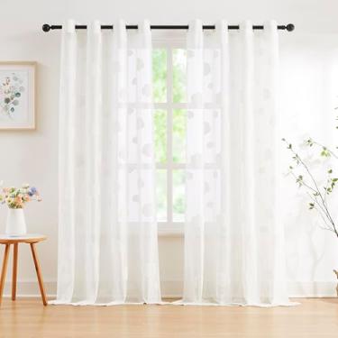 Imagem de Cortinas transparentes de renda branca 224 cm de comprimento com padrão de nuvem bordada, cortinas de janela para sala de estar, quarto, painéis de renda translúcida, cortinas de filtragem de luz para