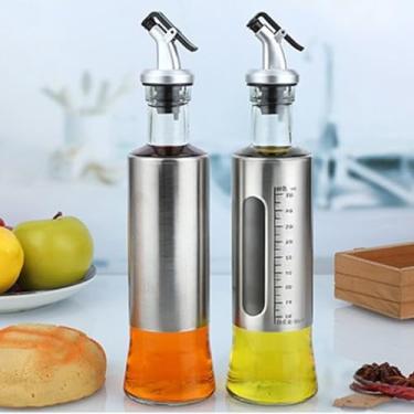 Imagem de Dispensador de azeite de oliva para cozinha, dispensador de óleo graduado de aço inoxidável, recipiente de molho de soja para cozinhar galheteiro com bico de plástico (300 ml)