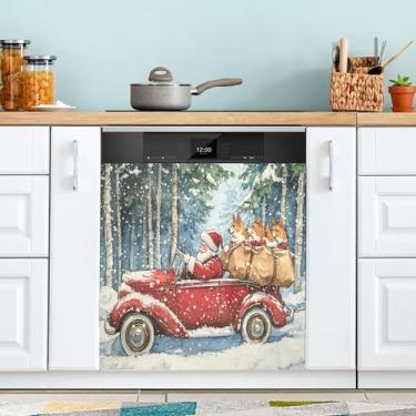 Imagem de xigua Capa magnética de Papai Noel e Corgi de Natal, adesivos magnéticos decorativos antiarranhões para painel de geladeira e lava-louças, decoração personalizada de cozinha doméstica 58 x 66 cm