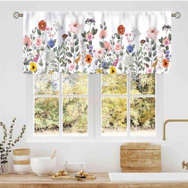 Imagem de Cortina de sanefa floral, aquarela primavera flores silvestres flores coloridas casa de fazenda rústica varão bolso pequeno cortinas de janela curta para cozinha, café, sala de estar, quarto, armário