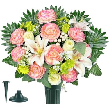 Imagem de AILVEMEE Flores artificiais de cemitério, flores memoriais, lindos arranjos para lápides, margaridas de lírio de seda e ranúnculo