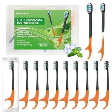 Imagem de Pacote com 12 escovas de dentes descartáveis com pasta de dente multifuncional para cuidados bucais, pré-coladas, embaladas individualmente, mini escova de dentes 5 em 1 com palito, fio dental
