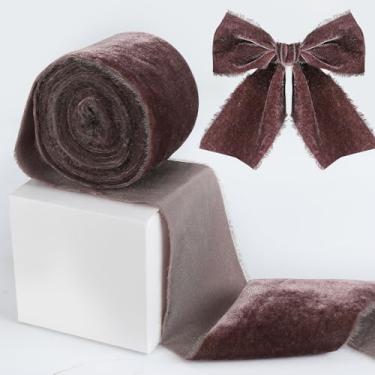 Imagem de Fita de veludo larga de 7,6 cm - Fita de veludo de seda desgastada feita à mão, borda crua, fita de tecido com franjas vintage para decoração de casa de Natal, enfeite de presente, arco de guirlanda