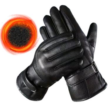 Imagem de Luva Térmica para Motociclista Preta Impermeável Forrada Antiderrapante Ajustável em Couro Pu Oem