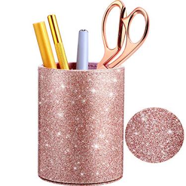 Imagem de Suporte de caneta de poliuretano com glitter, copo de lápis brilhante para mulheres, meninas, luxuoso suporte de pincel de maquiagem, organizador de couro, presente para escritório, sala de aula, casa (ouro rosa)