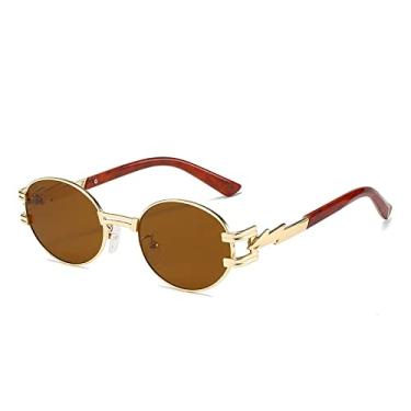 Imagem de Óculos de sol femininos ovais pequenos moda punk lentes gradientes transparentes óculos de sol uv400 óculos de sol exclusivos para homens com pernas de metal, chá dourado, um