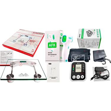 Imagem de Aparelho Medidor Pressão Braço Com Voz + Fonte Bivolt + Termômetro Infravermelho Testa Febre + Balança Digital Corporal