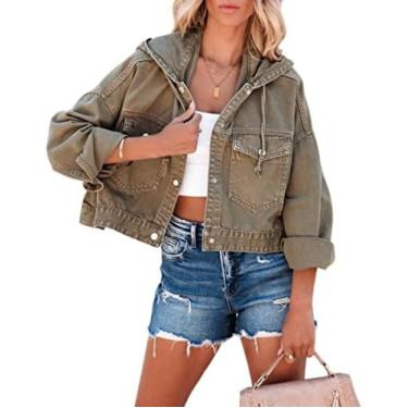 Imagem de Jaquetas Femininas Jaqueta Jeans Com Capuz Jaqueta Feminina De Manga Comprida Com Bolso Frontal Jaqueta Jeans Vintage Com Botão De Entalhe Casaco Curto Fino Para Festa,Oliva,eu,Pleasant63