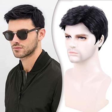 Imagem de Creamily Perucas masculinas de cabelo curto, perucas de reposição de cabelo masculino realista peruca preta masculina para homens cabelo sintético peruca completa para homens homens Natal uso diário