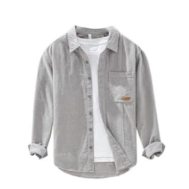 Imagem de Camisas masculinas de veludo cotelê de algodão outono inverno vintage solto streetwear camisas masculinas, Cinza 2318, M