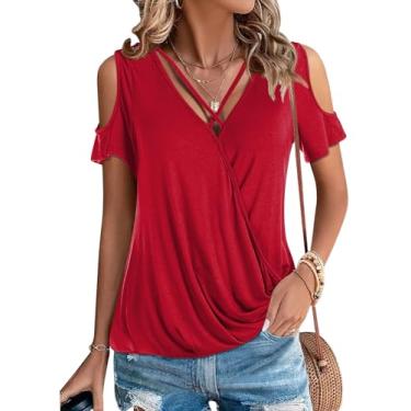 Imagem de LEIYEE Blusa feminina de verão com ombro vazado, sexy, casual, manga curta, gola V, linda blusa folgada, Vermelho, G