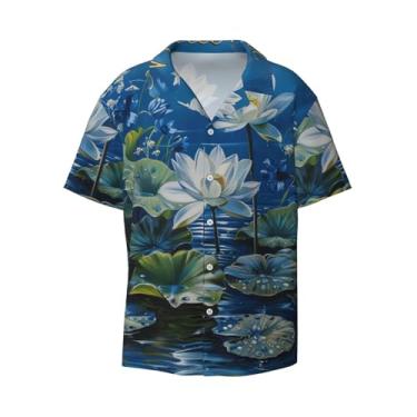 Imagem de IYOVI Linda camiseta havaiana masculina com estampa de gato solta de manga curta Cuba camisa de praia de verão com botões, Flores de flor de lótus, M