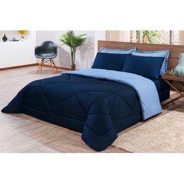 Imagem de Kit Edredom + Jogo De Lençol Aconchego Look House Dupla Face Casal King 06 Peças - Azul Marinho E  Azul