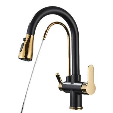Imagem de Torneira com filtro de água, torneiras de cozinha, torneira com filtro de alça dupla, misturador, rotação de 360 graus, torneiras com recurso de purificação de água, pretas com ouro