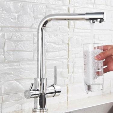 Imagem de Torneira de cozinha com filtro para água potável Torneira de cozinha montada no deck Alças duplas Misturador de água quente e fria, cromado