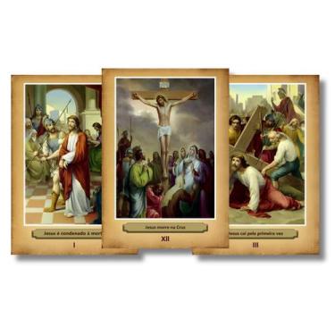 Imagem de Kit 15 Estações Via Sacra Jesus Cristo Placa Decorativa Tam. 21x29,7cm