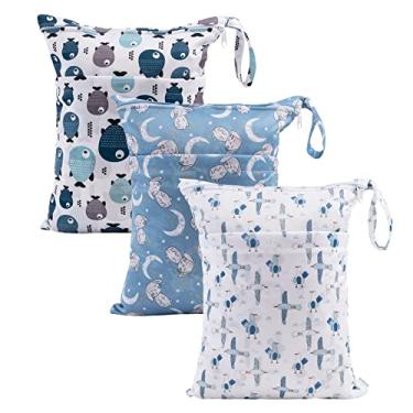 Imagem de babygoal Bebê-Unissex Sacos Molhados e Secos para Fraldas de Pano de Bebê, Sacos de Viagem Laváveis, Praia, Piscina, Saco de Ginástica para Trajes de Banho e Roupas Molhadas com Dois Bolsos com Zíper, 3 Pacotes, 3Ln28