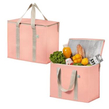 Imagem de VENO Pacote com 2 sacos térmicos e sacos de supermercado isolados para entrega de comida, refrigerador dobrável. Sacos de compras reutilizáveis para mantimentos com fundo rígido, zíper, dobrável,