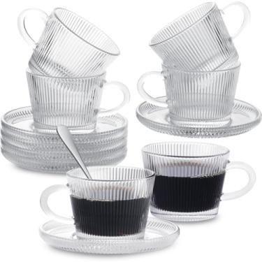 Imagem de GURUDAR Conjunto de 6 copos de café expresso de vidro com pires, copo transparente pequeno Demitasse com colheres de aço inoxidável, canecas de café para lava-louças, para chá, chocolate quente,