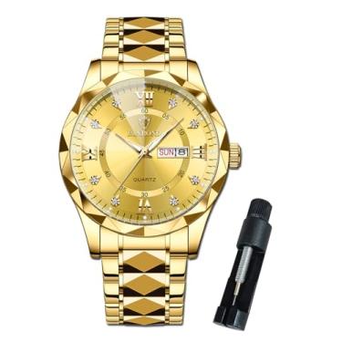 Imagem de BINBOND Relógio de pulso masculino diamante grande aço inoxidável luxo vestido de negócios data dia relógio de pulso à prova d'água luminoso, Dourado, relógios masculinos