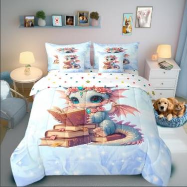 Imagem de Jogo de cama solteiro com dragão fofo em uma bolsa, 7 peças, conto de fadas de fantasia para todas as estações, animal mágico ocidental, com 1 edredom, 2 lençóis, 2 fronhas e 2 fronhas