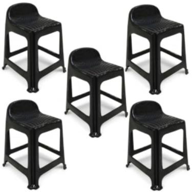 Imagem de Kit 5 Banquetas de Plástico Banquinho Com Encosto Preto Empilhável