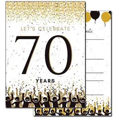 Imagem de Convites de festa de aniversário de 70 anos | 70 anos de celebração | Feliz aniversário de 70 anos | 5 x 7 | Preto e dourado | 70 convites de festa preenchem o estilo 20 pacotes com envelopes | You Invited | Surprise Party