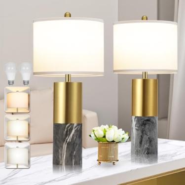 Imagem de GHOOCEMLUX Conjunto De 2 Abajures De Mesa De Mármore Sintético De 22", Abajures De Mesa Modernos Com 3 Temperaturas De Cor E Cúpulas De Tecido, Abajures De Cabeceira Contemporâneos Para Sala De Esta