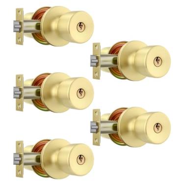Imagem de Leydebong Pacote com 5 maçanetas de porta de aço inoxidável com chave, maçanetas douradas com chaves, fundo ajustável de 60 a 70 mm para portas grossas de 35 a 45 mm, porta da frente/quarto/banheiro