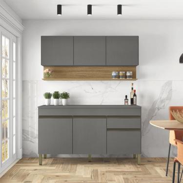 Imagem de Kit Balcão De Pia Com Tampo E Aereo 150 Cm 6 Portas 1 Gaveta Line - Gris/gris/cp-freijó