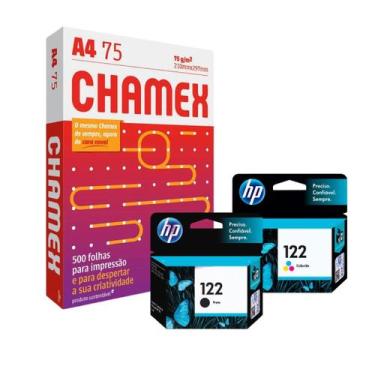 Imagem de Kit 2 Cartucho HP 122 Preto e Colorido + Resma de Papel Sulfite A4 Cha