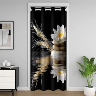 Imagem de Cortina de porta infantil com flores de lótus brancas, cortina blackout Zen Paddy Lake Western para entrada de quarto e sala de estar, planta botânica natural preta vintage privacidade porta drapeada