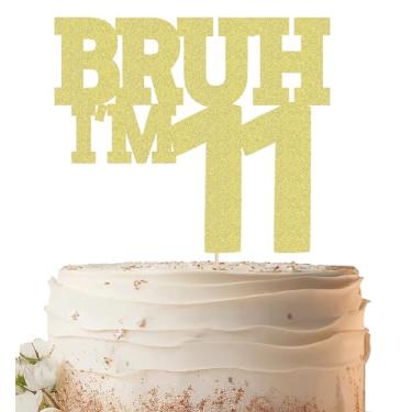 Imagem de EONNCNT Bruh I'm 11 Cake Topper - Decorações engraçadas de bolo de aniversário de 11 anos com glitter dourado para meninos, Bro I'm 11/Cheers to 11 Years decoração de bolo para festa de aniversário de