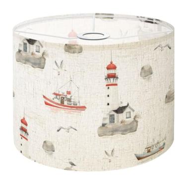 Imagem de Abajur náutico sem costura padrão farol barco gaivotas aquarela de tambor manual, abajures - 28 cm x 28 cm x 22,6 cm de tecido de substituição vintage para candeeiros de mesa, luminárias de chão fácil
