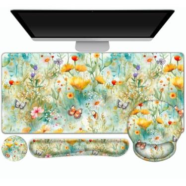 Imagem de ToLuLu Mouse Pad Gamer, Tapete De Mesa Grande, Protetor Fofo, Mousepad 4 Em 1 Extragrande + Apoio Para Pulso Teclado Conjunto Descanso Ergonômico Computador, Escritório Doméstico, Flores Amarelas