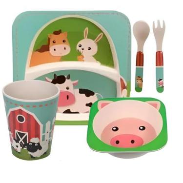 Imagem de Kit Alimentação Infantil Fibra de Bambu Criança Bebê Prato Copo Talher