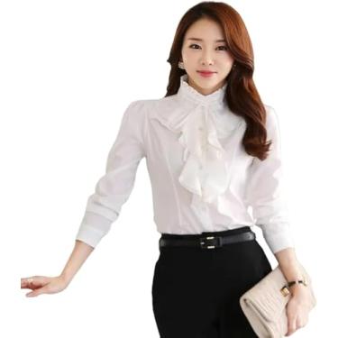 Imagem de Camisas Mulheres Babados Design Blusa Camisa Feminina Manga Comprida Gola Senhora Trabalho Formal Mulheres Tops, White, S
