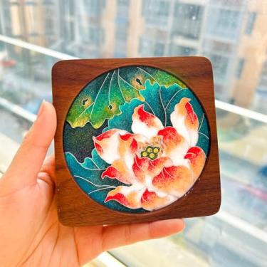 Imagem de Kit de esmalte Cloisonn de flor de lótus DIY, kit de artesanato de porta-copos de madeira de nogueira, pintura de esmaltes de filigrana, pacote de ferramentas de materiais para porta-copos faça você