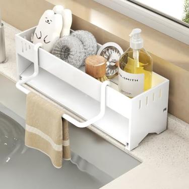 Imagem de Suporte grande para pia de cozinha, suporte de esponja de 30,5 x 9,6 x 9,9 cm com bandeja de gotejamento removível, suporte de esponja autodrenante para esfregador de esponja, escova de pano de prato