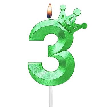 Imagem de Velas verdes número 3 de aniversário de 7,9 cm com decoração em forma de coroa, topo de bolo grande número 3 cor verde para decorar e celebrar para adultos/crianças/festa e assar em família. (Verde3)
