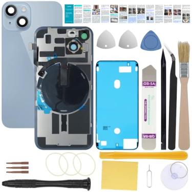 Imagem de UooFide Vidro de tela traseira traseira compatível com iPhone 14 de 6,1 polegadas, todas as operadoras com placa pré-instalada + cabo flexível de bobina de carregamento sem fio + lanterna + microfone