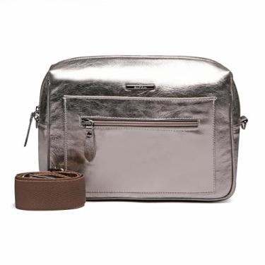 Imagem de Bolsa Tiracolo Transversal em Couro, Feminina, 5 Compartimentos, Fecho com Zíper, Preta (METALIZADO INOX)