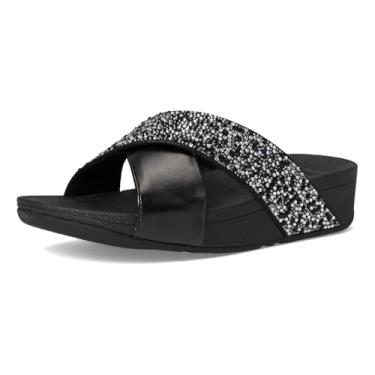 Imagem de FitFlop Sandália feminina Lulu Crystal-Mix Metallic Cross Slides Wedge, Todo preto, 38
