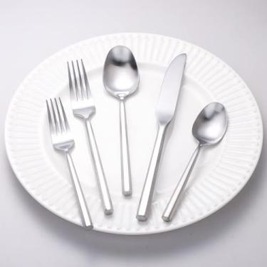 Imagem de Zerophilo Conjunto de talheres de prata fosca, conjunto de talheres de prata com alça hexagonal 20 peças, conjunto de talheres de aço inoxidável 18/0, presente de inauguração de casa de casamento para